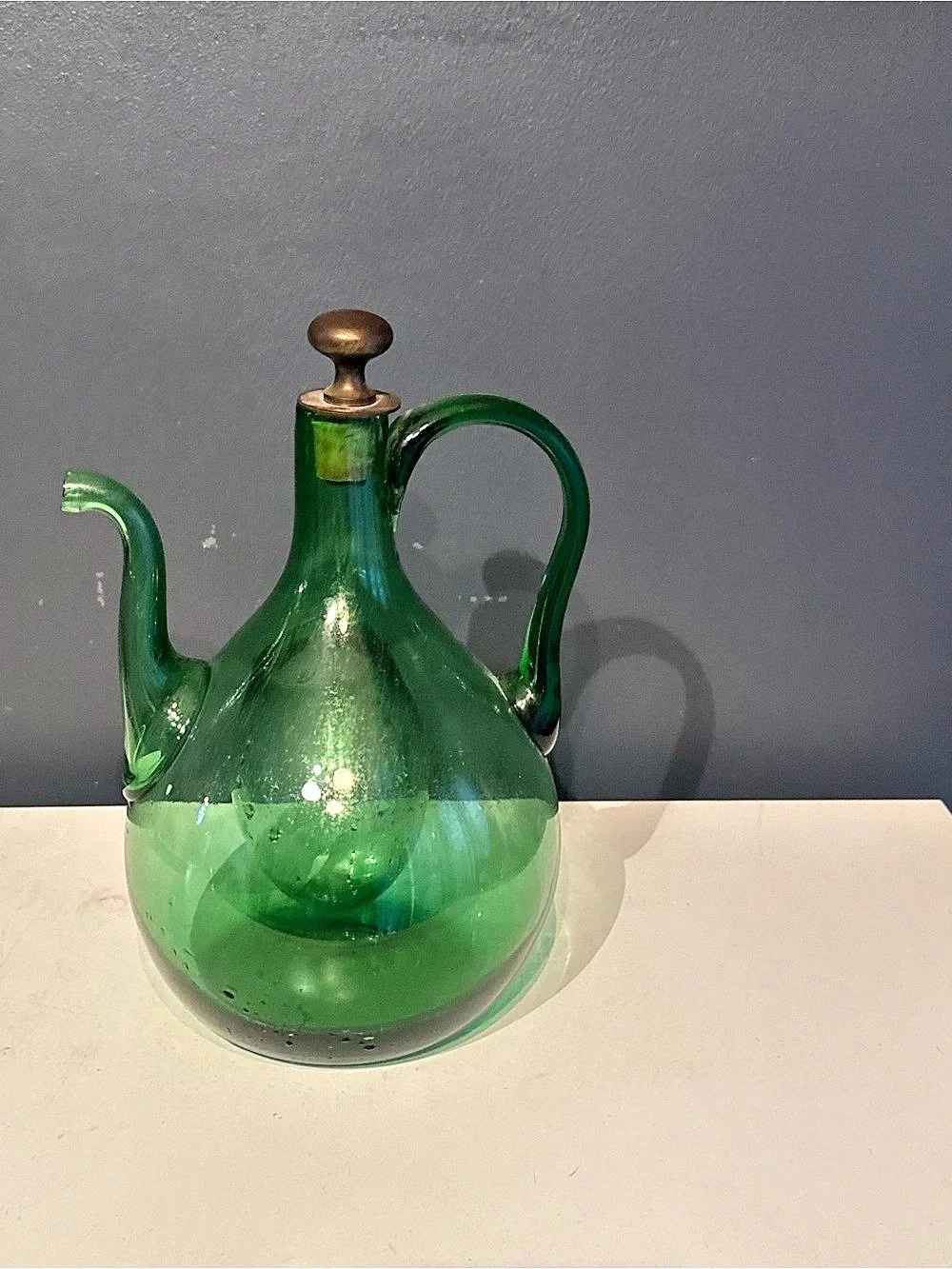 Glass Decanter Green Vintage Italian Hand Blown Mid Century Bar Decor